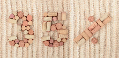 Wall Mural - Number  thirty five 35 %  percent made of wine corks on sea twine background. Sale Banner