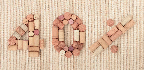 Wall Mural - Number forty 40 %  percent made of wine corks on sea twine background. Sale Banner