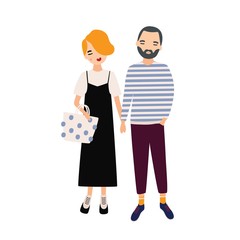 Wall Mural - Young man and woman standing together and holding hands. Beautiful couple in love. Cute male and female cartoon characters dressed in trendy clothes. Colorful vector illustration in flat style.