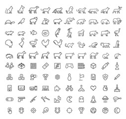 Poster - Set of 50 Minimal Animal and Games Black Icons on White Background . Isolated Vector Elements