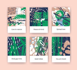 Poster - Bundle of poster templates with green and brown brush strokes, paint traces and inspirational quotes. Collection of flyers or cards with bright colored smears and scribble. Vector illustration.