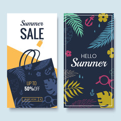 Wall Mural - summer sale banner template. colorful banners with tropical palm leaves pattern. hello summer promot