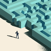 Business Challenge - Labyrinth Ahead. A Person Standing At The Entrance To A Maze. Conceptual Vector Illustration.
