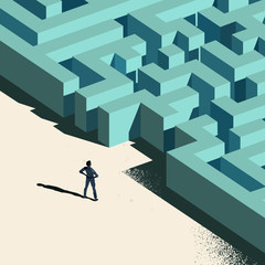 business challenge - labyrinth ahead. a person standing at the entrance to a maze. conceptual vector