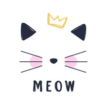 Hand Drawn Vector Illustration Of A Funny Cat Girl Face With Crown And Text Meow. Isolated Objects On White Background.
