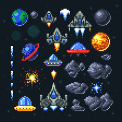 Leinwandbilder - Retro space arcade game pixel elements. Invaders, spaceships, planets and ufo vector set