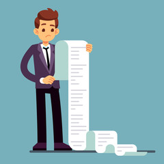 Businessman or male lawyer reading long paper list. Business questionnaire and document report vector concept