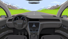 Vehicle salon, inside car driver view with rudder, dashboard and road, landscape in windshield. Driving simulator vector illustration