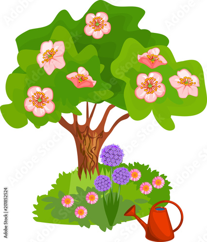 Cartoon blooming tree with pink flowers and grass near trunk on white