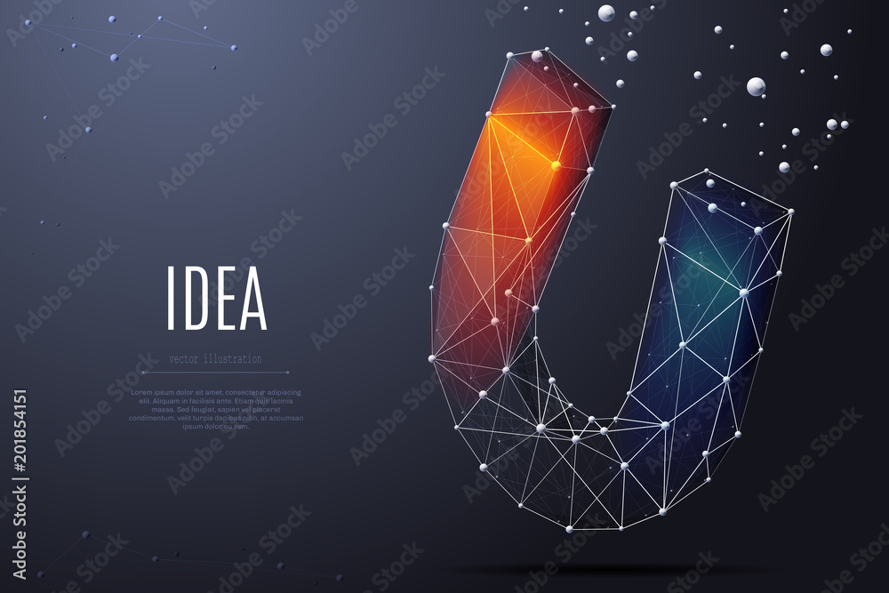 Vector isolated colorful magnet. Low poly wireframe and points. Polygonal 3D white attraction concept on dark background. loadstone with geometry triangle. Abstract business mash line origami - obrazy, fototapety, plakaty 