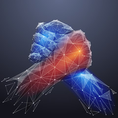 Poster - Vector isolated brotherly handshake. Low poly wireframe and points. Polygonal 3D white agreement concept on dark background. Business concept with geometry triangle. Abstract deal mash line origami