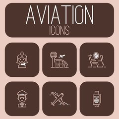 Poster - Aviation icons vector set airline outline graphic illustration flight airport transportation passenger design departure.