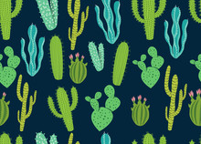 A Seamless Pattern With Green And Blue Succulent And Cactus Plants. Vector Illustration