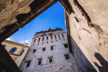 Canvas Print - Famous Clock Tower in Sighisoara town in Romania