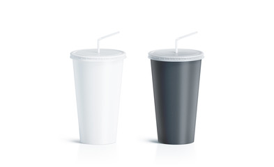 Fototapete - Blank black and white disposable cup with straw mock up isolated, 3d rendering. Empty paper soda drinking mug mockup with lid and tube front view. Clear soft drink cola take away plastic package