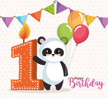Happy Birthday Card With Bear Panda Vector Illustration Design