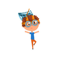 Poster - Cute kid with antenna oh his head, scientist boy character working on physics science experiment vector Illustration on a white background