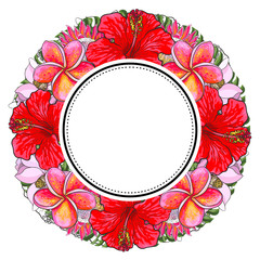 Wall Mural - Tropical flowers and palm leaves in floral composition in round form with sticker on top isolated on white background in sketch style. Hand drawn natural frame with exotic blooms. Vector illustration.