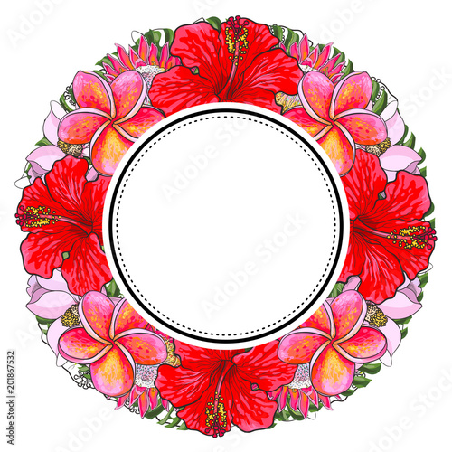 Tropical flowers and palm leaves in floral composition in round form with sti...