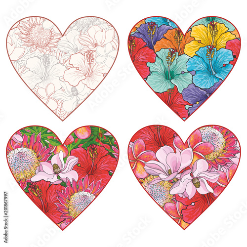 Tropical flowers in form of heart vector set in sketch style isolated on whit...