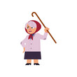 Old angry woman swearing and threatening with her walking-stick isolated on white background. Cute cartoon character of aged annoyed and furious female person. Vector illustration.