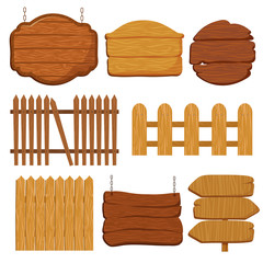 Wall Mural - Cartoon wooden garden fence. Blank wood banners and signs vector set