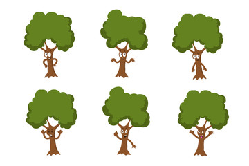 Poster - Cartoon funny green tree vector characters isolated