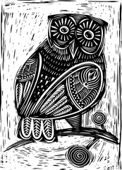 Hand Drawn Vector Illustration of  Owl woodcut  isolated vector illustration