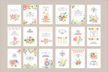 Flat Vector Set Of Retro Card Templates With Different Flowers. Beautiful Blooming Plants. For Wedding Invitation, Postcard Cover Or Banner