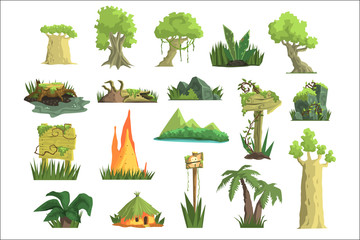 Poster - Tropical jungle landscape set, design elements for computers game interface vector Illustrations