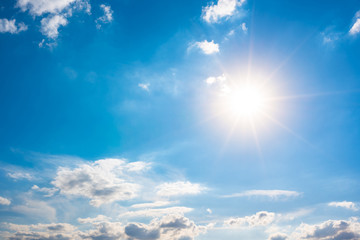 Wall Mural - Summer background, blue sky with white clouds and sun