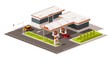 Vector non isometric illustration representing low poly gas station. Petroleum filling station. Fuel. Gas station.