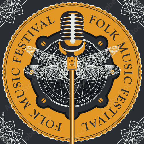Fototapety Muzyka vector-poster-or-banner-for-a-festival-of-folk-music-with-a-microphone-on-the-background-of-acoustic-speaker-with-abstract-round-pattern-with-a-dragonfly-in-retro-style