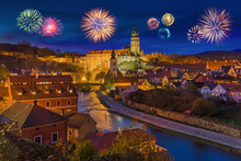 Cesky Krumlov And Fireworks In Czech Republic