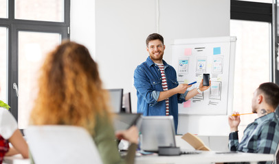 Canvas Print - business, technology and people concept - man showing smartphone user interface design to creative team at office presentation