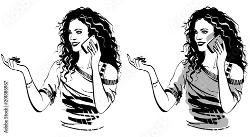 Drawing Of A Beautiful Girl Who Is Talking On The Phone And
