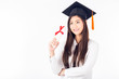 Beautiful Asian Graduated woman wearing white shirt and Graduation cap holding certificated in hand feeling so proud and happiness,Isolated on white background,Education Success Concept
