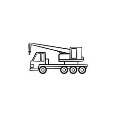 Poster - Mobile crane hand drawn outline doodle icon. Construction truck with mobile crane vector sketch illustration for print, web, mobile and infographics isolated on white background.