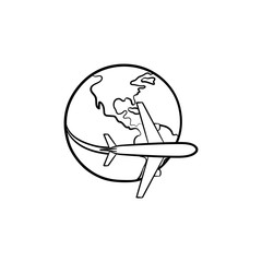 Canvas Print - Airplane flying around the world hand drawn outline doodle icon. Air pollution concept. Plane with globe vector sketch illustration for print, web, mobile and infographics isolated on white background