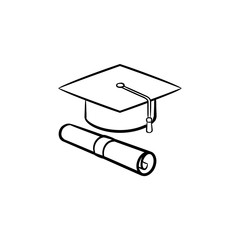 Cap of graduate and certificate degree hand drawn outline doodle icon. Vector sketch icon of graduation cap and degree certificate for print, web, mobile and infographics isolated on white background.
