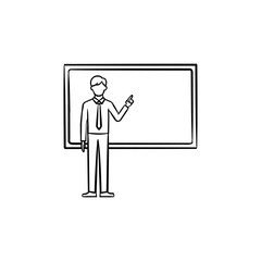 Wall Mural - Professor giving explanation next to the blackboard hand drawn outline doodle icon. Schoolboy in front of the blackboard vector sketch illustration for print, web, mobile and infographics.