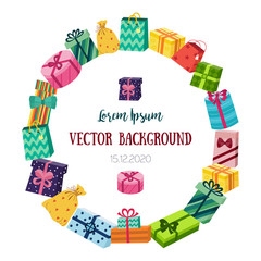 Wall Mural - Round frame made of Christmas, birthday, New Year gift, present boxes with place for text, flat cartoon vector illustration isolated on white background. Round frame of colorful gifts and presents