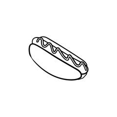 Canvas Print - Hotdog hand drawn outline doodle icon. Vector sketch illustration of hotdog bun with sausage for print, web, mobile and infographics isolated on white background.