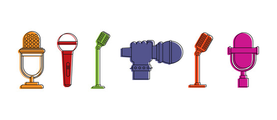 Sticker - Microphone icon set. Color outline set of microphone vector icons for web design isolated on white background