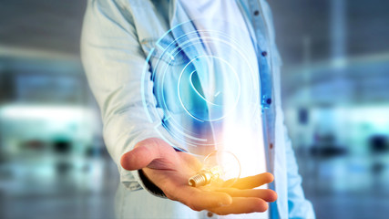 Poster - Businessman holding a Shinny technologic phone button - 3d render