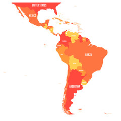 Sticker - Map of Latin America. Vector illustration in shades of orange.