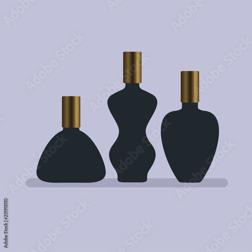 Stampe Set of three bottles of various shapes with gold caps