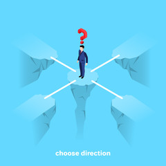a man in a business suit stands on a rock, isometric image