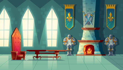 Vector castle hall, interior of royal ballroom with throne, table, fireplace and knight armor. Luxury furniture in medieval palace. Fantasy, fairy tale or game background