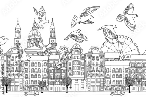 ptaki-nad-budapeszt-recznie-rysowane-czarno-bialy-ilustracja-miasta-z-stada